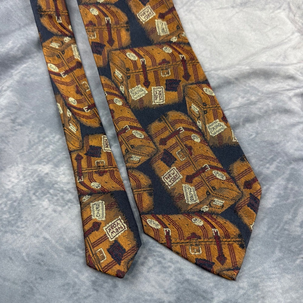 Polo Ralph Lauren Mens Silk Tie Vintage Luggage Steamer Trunk Travel Brown Gold